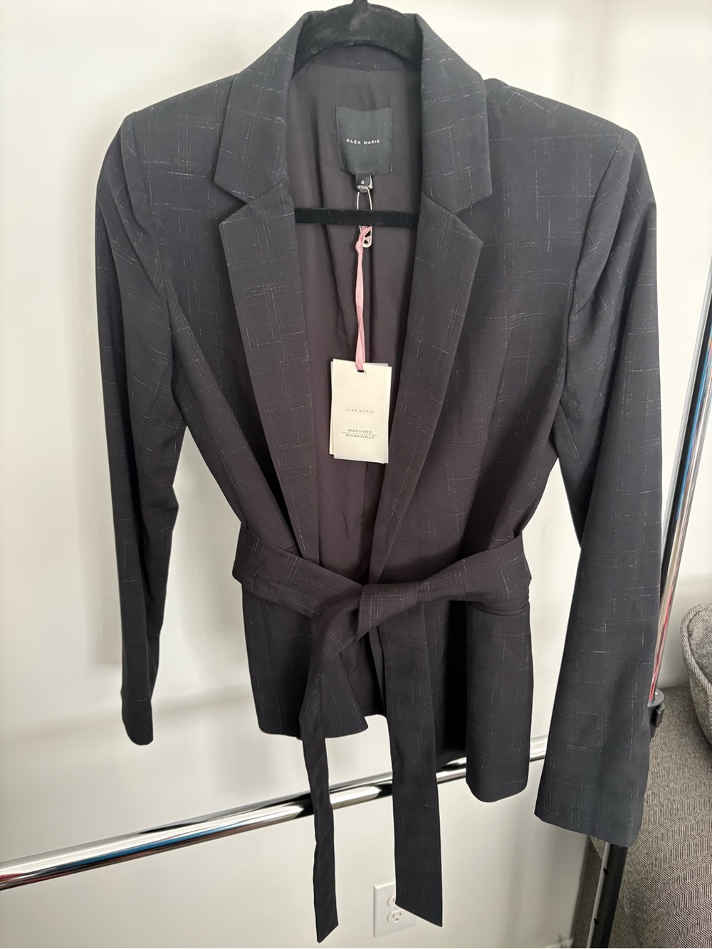 NWT Alex Marie Charcoal Windowpane Belted Blazer size 4
